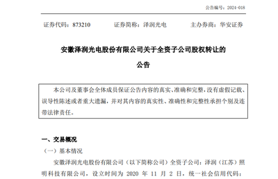 轉(zhuǎn)讓100%股份后,澤潤光電再設(shè)立全資子公司 燈具銷售